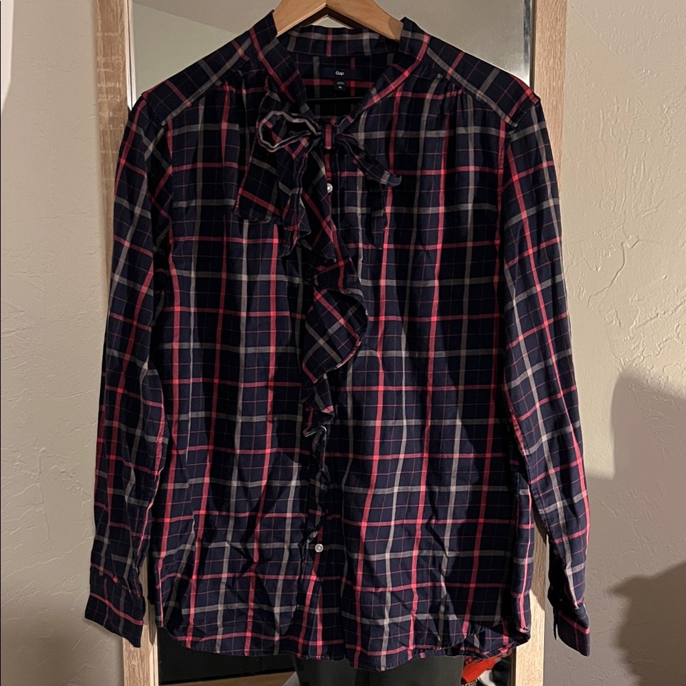 GAP Navy and Red Plaid Ruffle Shirt